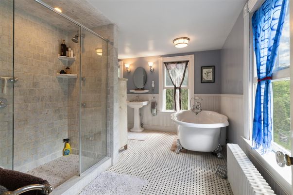 Bathroom, Free Standing Baths, Glass Shower, Interior, Recessed Lighting, Stone Walls