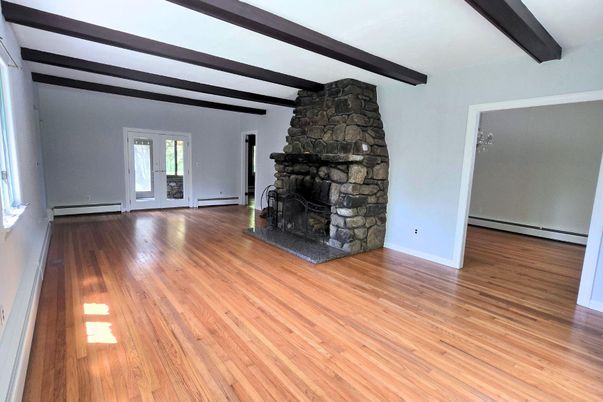 Empty room, Fireplace, Interior, Wooden Beams, Wood Texture Flooring