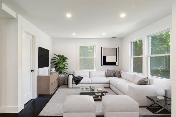 Interior, Living room, Recessed Lighting, Wood Texture Flooring