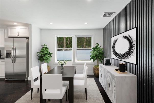 Dining room, Interior, Kitchen, Recessed Lighting, Stainless Steel Appliances, Wood Texture Flooring