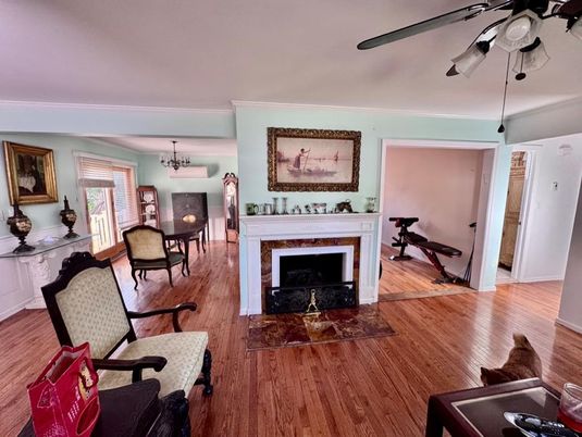 Chandelier, Dining room, Fireplace, Interior, Wood Texture Flooring