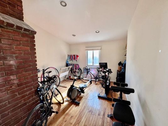 Fitness Equipment, Interior, Recessed Lighting, Stone Walls, Wood Texture Flooring