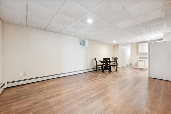 Dining room, Empty room, Interior, Recessed Lighting, Wood Texture Flooring