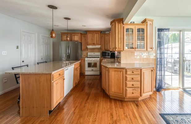 Interior, Kitchen, Pendant Lights, Stainless Steel Appliances, Wood Texture Flooring
