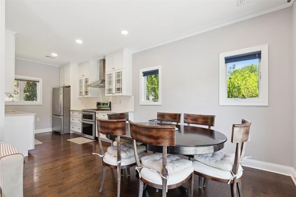 Dining room, Interior, Kitchen, Recessed Lighting, Stainless Steel Appliances, Wood Texture Flooring