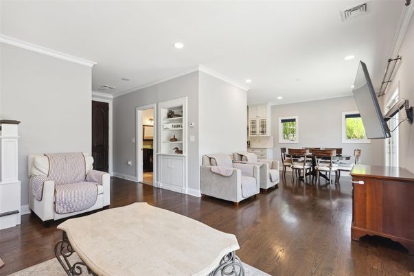 Dining room, Interior, Kitchen, Living room, Recessed Lighting, Wood Texture Flooring