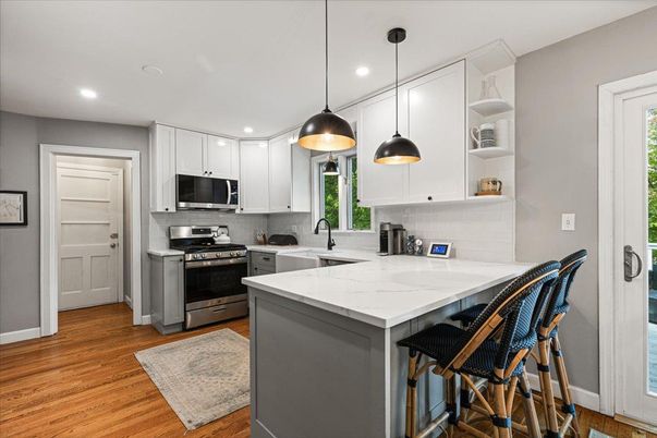 Interior, Kitchen, Pendant Lights, Recessed Lighting, Stainless Steel Appliances, Wood Texture Flooring