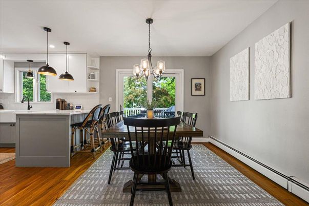 Dining room, Interior, Kitchen, Pendant Lights, Wood Texture Flooring