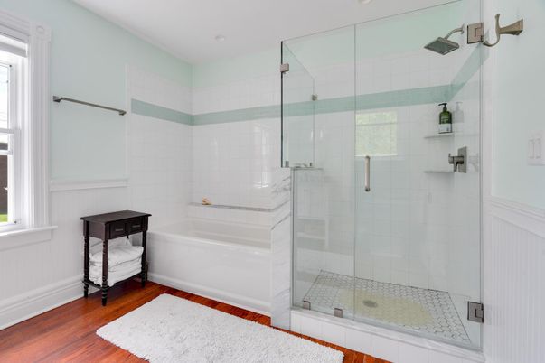 Bathroom, Glass Shower, Interior, Recessed Lighting, Wood Texture Flooring