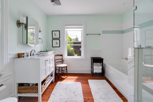 Bathroom, Glass Shower, Interior, Wood Texture Flooring
