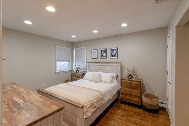 Bedroom, Interior, Recessed Lighting, Wood Texture Flooring