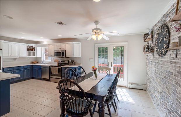 Dining room, Interior, Kitchen, Recessed Lighting, Stainless Steel Appliances, Stone Walls