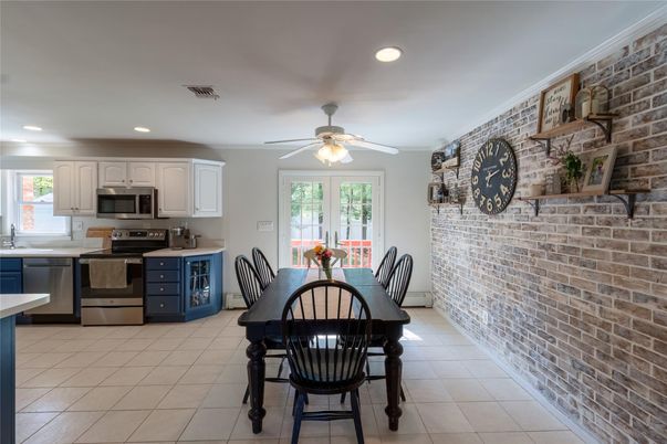Dining room, Interior, Kitchen, Recessed Lighting, Stainless Steel Appliances, Stone Walls