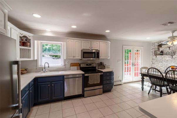 Dining room, Interior, Kitchen, Recessed Lighting, Stainless Steel Appliances, Stone Walls