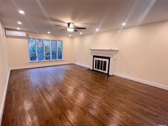 Empty room, Fireplace, Interior, Recessed Lighting, Wood Texture Flooring