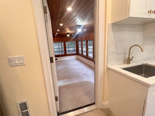 Interior, Kitchen, Marble Walls, Recessed Lighting, Wooden Ceilings