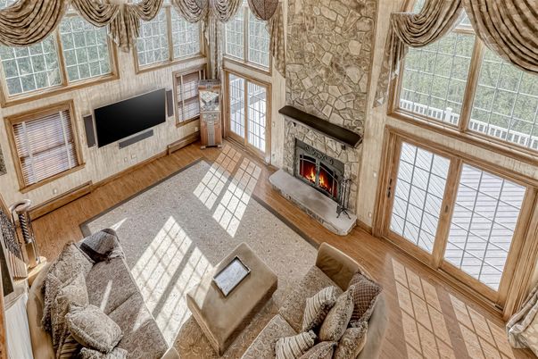 Fireplace, Interior, Living room, Stone Walls, Wood Texture Flooring