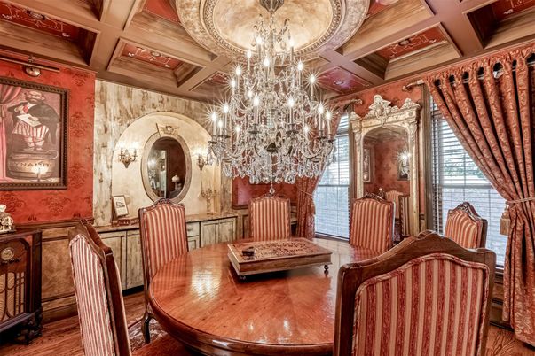 Chandelier, Dining room, Interior, Wooden Beams, Wood Texture Flooring