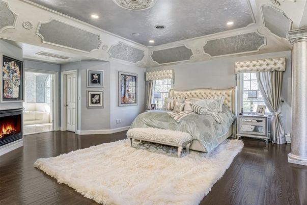 Bedroom, Fireplace, Interior, Recessed Lighting, Wood Texture Flooring