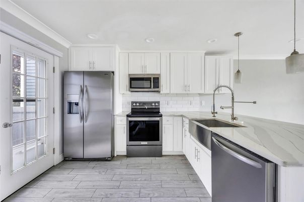 Interior, Kitchen, Pendant Lights, Recessed Lighting, Stainless Steel Appliances, Wood Texture Flooring