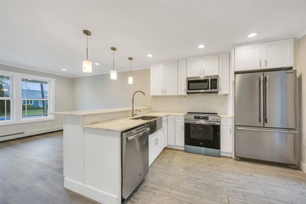 Interior, Kitchen, Pendant Lights, Recessed Lighting, Stainless Steel Appliances, Wood Texture Flooring
