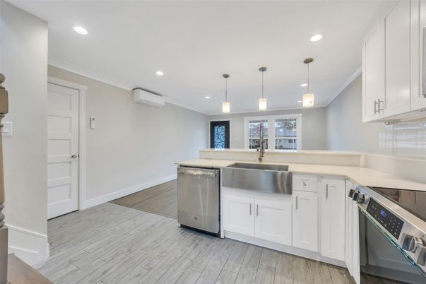 Interior, Kitchen, Pendant Lights, Recessed Lighting, Stainless Steel Appliances, Wood Texture Flooring