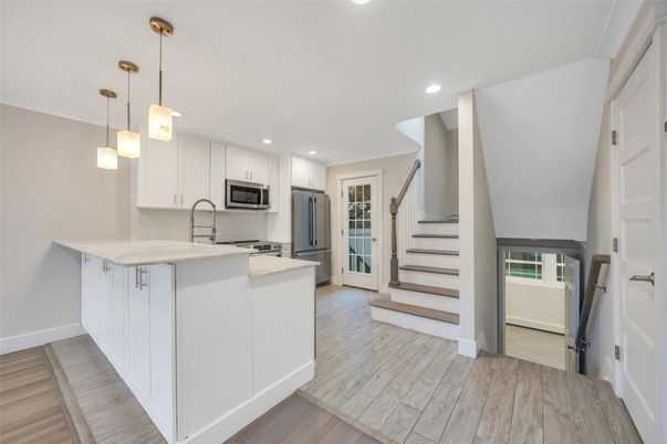 Interior, Kitchen, Pendant Lights, Recessed Lighting, Stainless Steel Appliances, Wood Texture Flooring