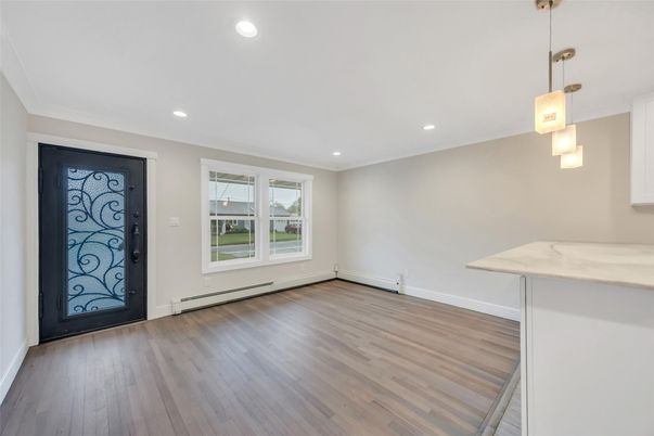 Empty room, Interior, Pendant Lights, Recessed Lighting, Wood Texture Flooring