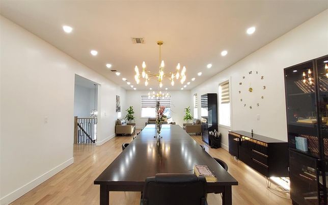 Dining room, Interior, Pendant Lights, Recessed Lighting, Wood Texture Flooring