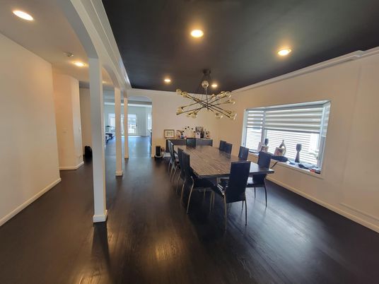 Dining room, Interior, Pendant Lights, Recessed Lighting, Wood Texture Flooring