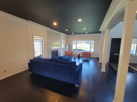 Fireplace, Interior, Living room, Recessed Lighting, Wood Texture Flooring