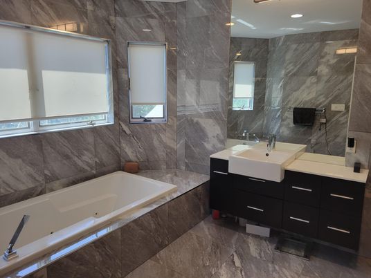Bathroom, Dual Sink Vanities, Interior, Marble Walls, Recessed Lighting