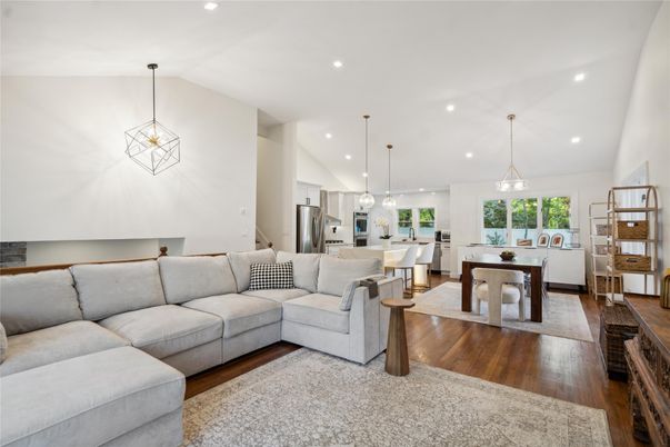 Dining room, Interior, Kitchen, Living room, Pendant Lights, Recessed Lighting, Stainless Steel Appliances, Wood Texture Flooring