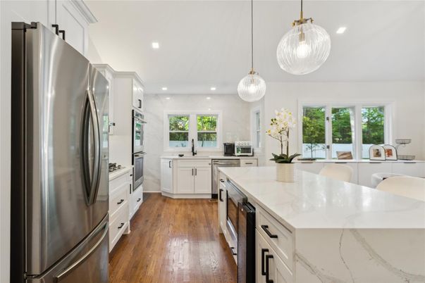 Interior, Kitchen, Pendant Lights, Recessed Lighting, Stainless Steel Appliances, Wood Texture Flooring