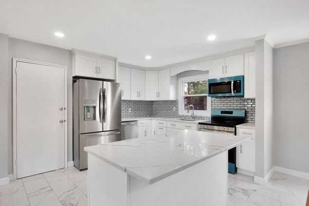 Interior, Kitchen, Marble, Recessed Lighting, Stainless Steel Appliances