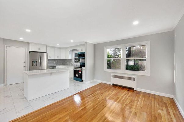 Interior, Kitchen, Marble, Recessed Lighting, Stainless Steel Appliances, Wood Texture Flooring