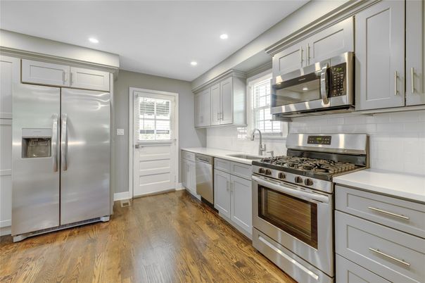 Interior, Kitchen, Recessed Lighting, Stainless Steel Appliances, Wood Texture Flooring
