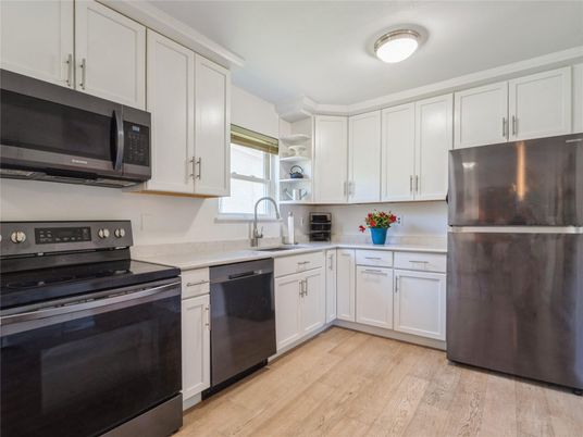 Interior, Kitchen, Stainless Steel Appliances, Wood Texture Flooring