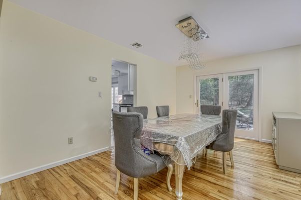 Chandelier, Dining room, Interior, Wood Texture Flooring