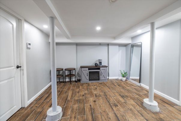 Fireplace, Interior, Recessed Lighting, Wood Texture Flooring