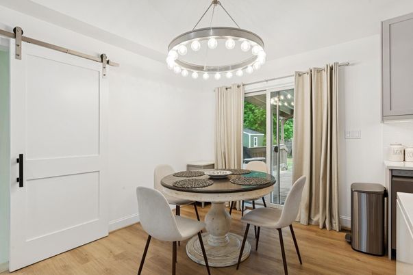 Dining room, Interior, Pendant Lights, Wood Texture Flooring