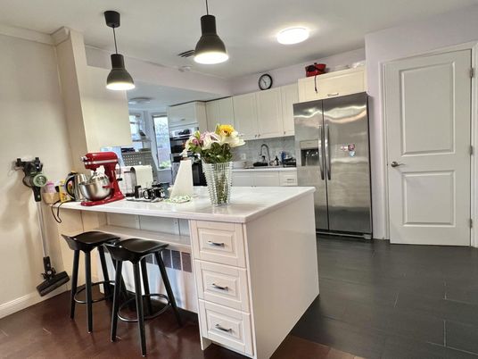 Interior, Kitchen, Pendant Lights, Stainless Steel Appliances, Wood Texture Flooring