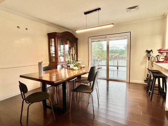 Dining room, Interior, Pendant Lights, Wood Texture Flooring