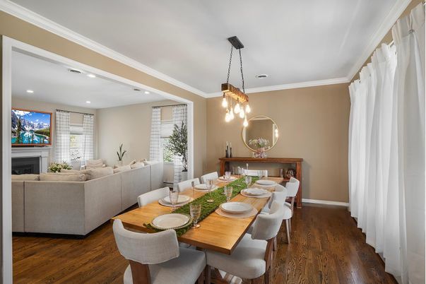 Dining room, Fireplace, Interior, Living room, Pendant Lights, Recessed Lighting, Wood Texture Flooring