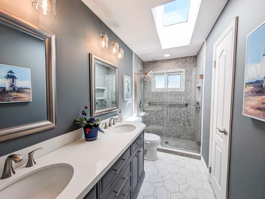 Bathroom, Dual Sink Vanities, Glass Shower, Interior, Marble, Recessed Lighting