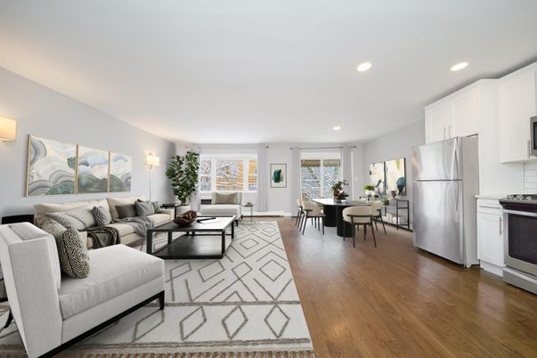 Dining room, Interior, Kitchen, Living room, Recessed Lighting, Stainless Steel Appliances, Wood Texture Flooring