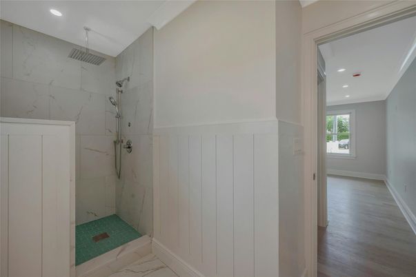 Bathroom, Interior, Marble, Marble Walls, Recessed Lighting, Wood Texture Flooring
