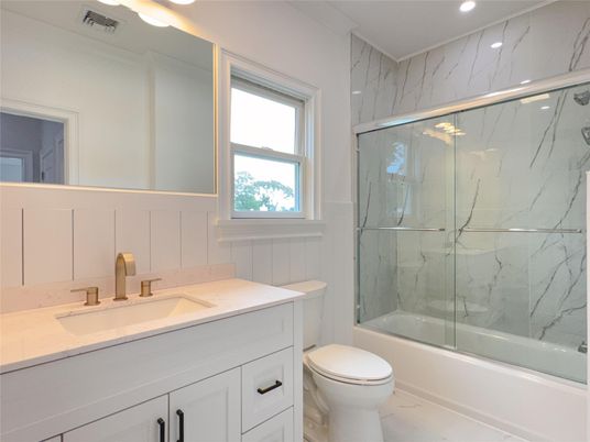Bathroom, Glass Shower, Interior, Marble Walls, Recessed Lighting