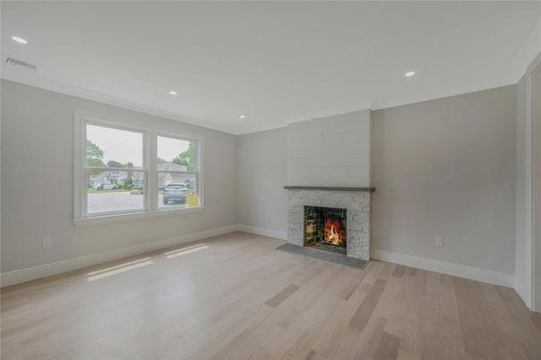 Empty room, Fireplace, Interior, Recessed Lighting, Wood Texture Flooring