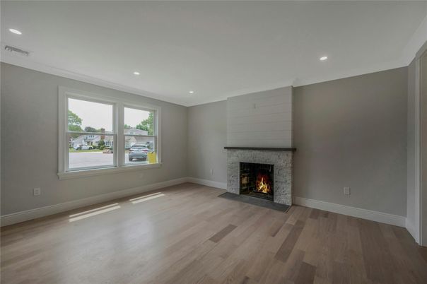 Empty room, Fireplace, Interior, Recessed Lighting, Wood Texture Flooring